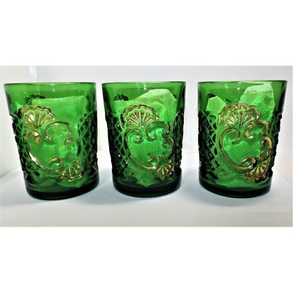 Set of 3 EAPG Riverside Glass Croesus Tumblers Green/Gold McKee c1890s - Picture 1 of 6